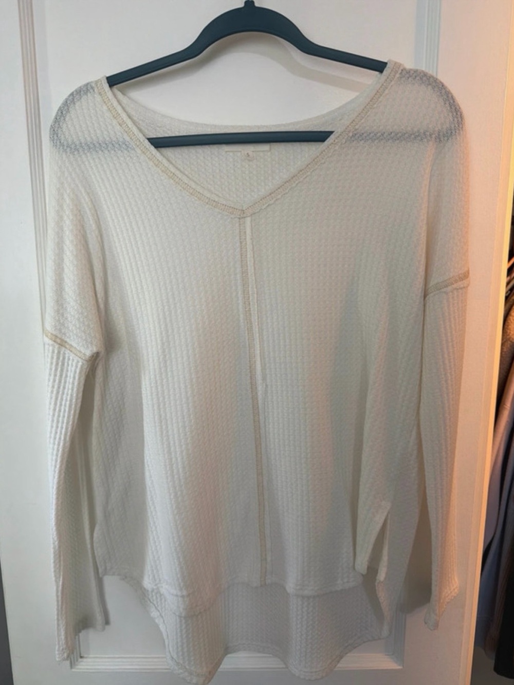 bohme Cream Waffle Knit Long Sleeve V-Neck Top